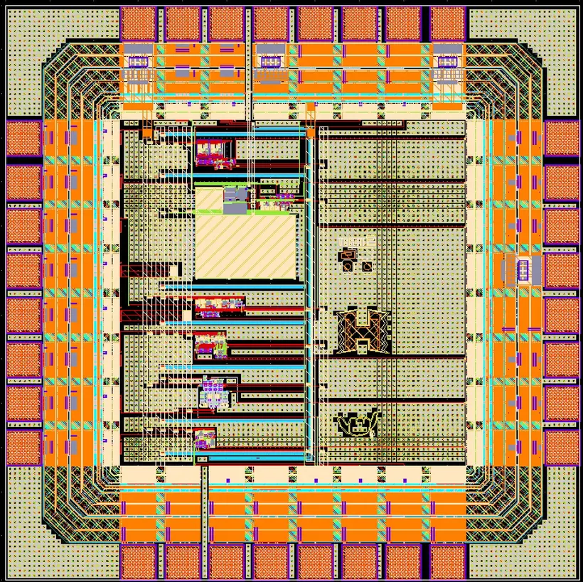 Full layout of the fabricated ADC chip: six ADCs inside a 32-pad ring