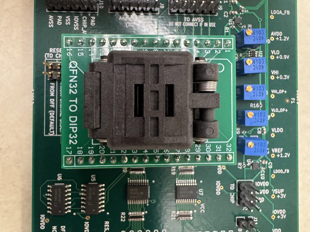 The assembled ADC test board with the chip socket
